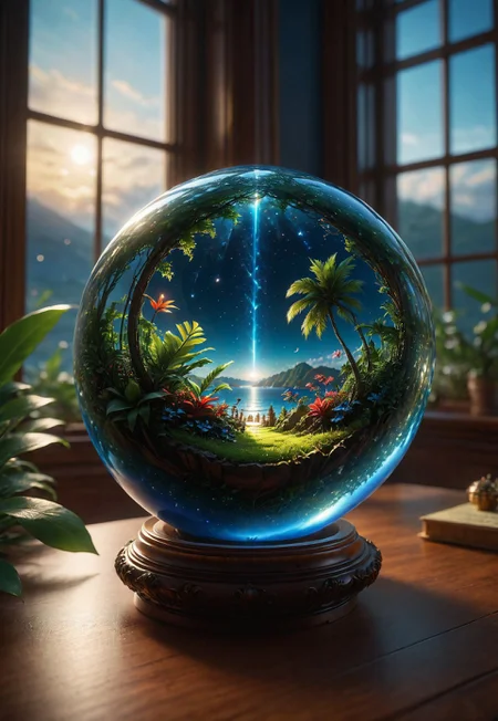 In the night room there is a glass sphere on the table, emitting a soft heavenly glow. Inside, the miniature galaxy is seething with cosmic energy and the galaxy within. Outside, the window of the room offers a tropical panorama. 8k, vray, IMax, hyperrealism, perfect light, bokeh Carl Zeiss 85mm, small depth of field, photorealistic, masterpiece, high resolution, best quality, cinematic shot, ultra-detailed, super realistic, Hyperrealistic art, high-quality, ultra high res, highest detailed, lot of details, Extremely high-resolution details, photographic, realism pushed to extreme, incredibly lifelike,