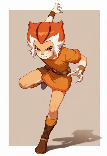 1boy, male focus, cute boy, Wilykat, Two-tone fur, Two-tone hair, orange hair, white hair, black streaks in hair, amber eyes, feline eyes, Two-tone tunic, Orange and brown tunic, wristbands, Belt, Pouches, brown boots, claws, simple background, graphic border, cinematic, intricately detailed illustration, depth of field, masterpiece, best quality, amazing quality, very aesthetic, absurdres, newest, very awa, shadow, dynamic angle, casual cosplay, dynamic pose, action pose