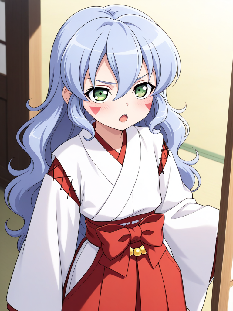 general,highres, ultra-detailed,very aesthetic,best quality ,best hands, BREAK <lora:Nazuna_Onmyou_Taisenki_Ver2.0_IS:0.8>Nazuna, long hair,
wavy hair,
1girl, solo, japanese clothes, miko, green eyes, red hakama, long hair, skirt, open mouth, hakama, blue hair, blush, hakama skirt, long sleeves, facial mark, Yellow beads, waist beads,
red triangle facial mark, hair between eyes,white kimono,cross-laced sleeves,long sleeves, wide sleeves, red hakama pants, red layered waist bow,