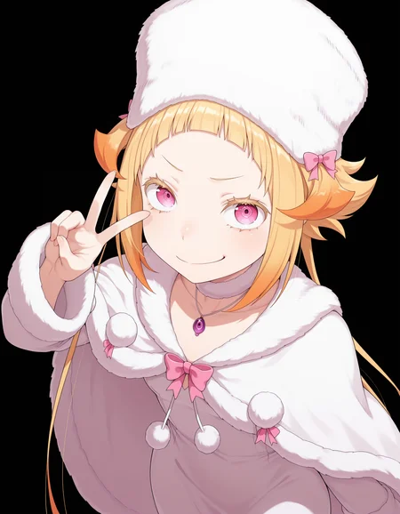 <lora:Capella Illu v3:1>
capell4, multicolored hair, blonde hair, orange hair, pink eyes, thick eyelashes,
v, smirk, looking at viewer,
(simple background:1.4), (black background:1.4)
<lora:Anastasia Hoshin Illustrious:1>white dress, frilled dress, long dress, fur-trimmed capelet, fur-trimmed cape, pom pom \(clothes\), pink bow, pendant, white choker, white hat, fur hat,, masterpiece, best quality, amazing quality