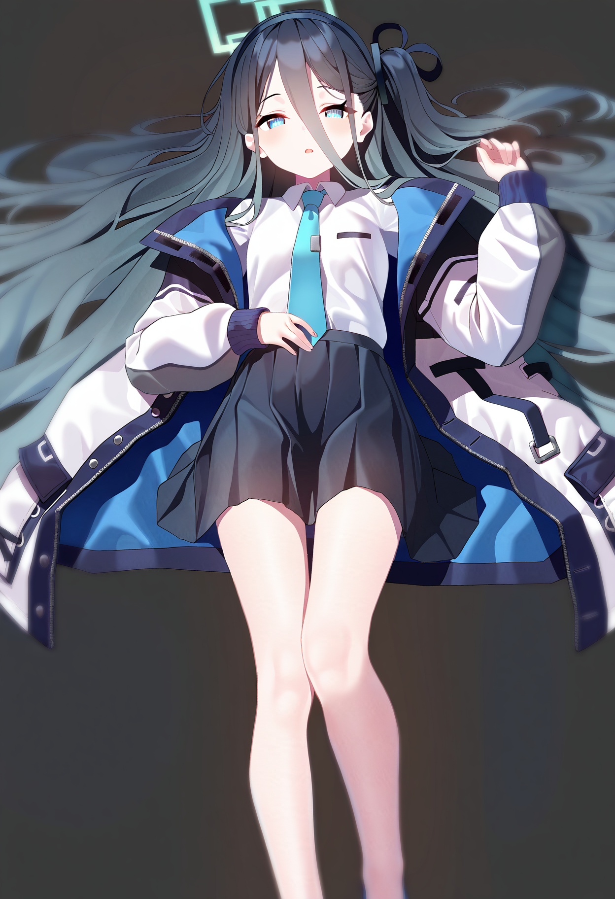 1girl,aris \(blue archive\),<lora:mx2j style locon:1>,mx2j style,school uniform,looking at viewer,narrowed eyes,sleepy,on back,legs together,masterpiece,best quality,very aesthetic,highres,absurdres,simple background,