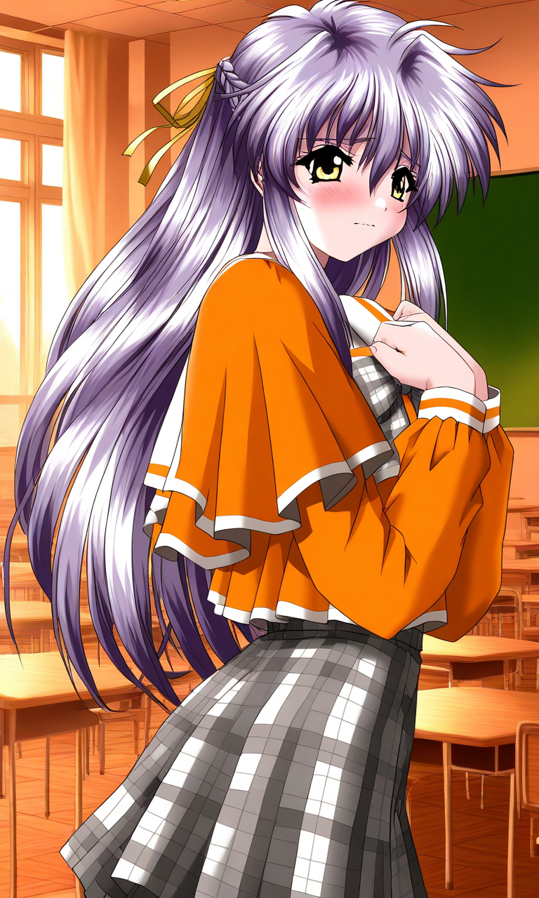 general,highres, ultra-detailed,very aesthetic,best quality ,best hands, BREAK <lora:Nishikujo_Shion_Akumu_AoiKajitsunoSange_IS:1>
Nishikujo_Shion, 1girl, solo, light purple hair, long hair, half updo, yellow eyes, hair ribbon, yellow ribbon, small breasts,
embarrassed+afraid
orange school uniform, ribbon, white and gray skirt, outdoors, 
hands on own chest,
plaid skirt, plaid bow, long sleeves, serafuku,
School, class room, curtain.