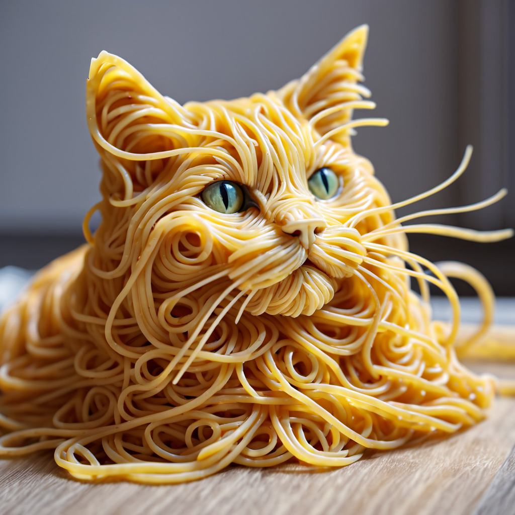 Cat made of spaghetti, perfect composition, masterpiece, best quality, [:cinematic lighting:.35]
