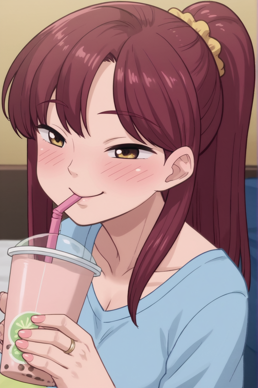 score_9, score_8_up, score_7_up,anime_source, source_anime, best background, detailed background, anime screencap,  Saori, indoors, blush, horny, naughty face, drinking, buble tea, <lora:JN_Saori:0.8>