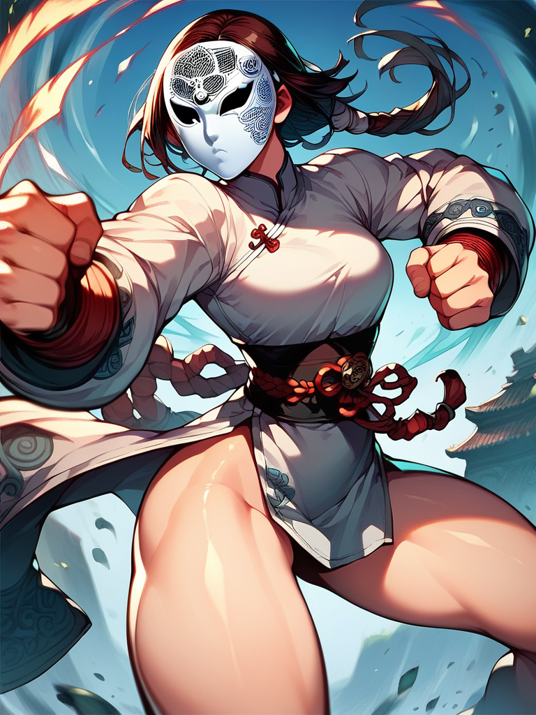 score_9,score_8_up,score_7_up,source_anime,1girl,<lora:whitemask:1>,white mask,kung fu,fighting,china dress,thighs,