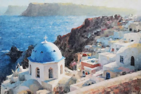 marklague1 painting.
Aerial view of a coastal scene with a blue-domed church in the foreground. The church has white walls and a flat roof. Surrounding it are buildings with flat roofs painted in pastel colors like pink, blue, and yellow. In the background, there is a rugged coastline with cliffs and a body of water with gentle waves. The sky is a mix of soft blues and yellows. <lora:marklague1_cap_d8a4e12:1.0><lora:855113037047197429:0>