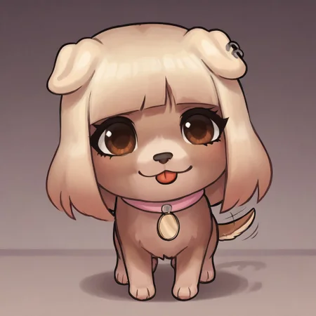SFW, rating_all, score_10, score_8_up, score_7_up, beautiful, realistic, detailed, perfect, quality, vector, flat colors, masterpiece, 1female, solo, (((small dog, feral))), ((doribun as a dog)), two-toned fur, light-brown fur, blonde fur, brown eyes, dog ears, black nose, :3, smile, looking at viewer, chibi, cute, pink collar, ((full body)), tongue out, tail, tail wagging, motion lines