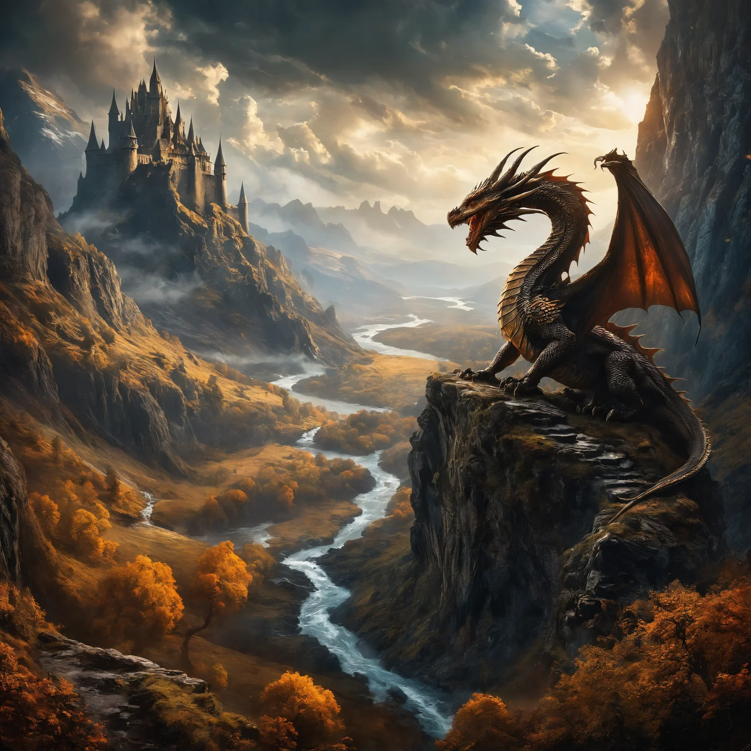 A dramatic fantasy landscape showcasing a towering castle built into the side of a rugged mountain. The skies are dramatic, with swirling clouds and a hint of magic in the air. Below, a turbulent river cuts through the landscape, guarded by mythical creatures such as dragons and giant eagles. The setting is both awe-inspiring and foreboding, perfect for a tale of epic adventures and legendary battles. Photorealistic, Cinematic, Bokeh. (Dragons:1.3). High detailed cinematic photo, breathtaking,
<lora:add-detail-xl:1> <lora:MJ52:0.2>