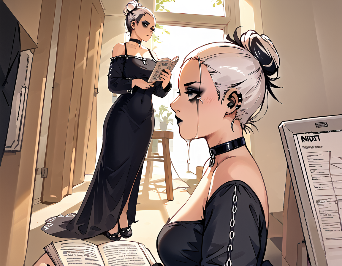 (score_9,score_8_up,score_7_up:1), 1girl, full body,     angle, noon lighting, crying, (goth, (black lipstick, black mascara, black eyeshadow)), (flat tummy, close shoulders), white hair black highlights, coiled bun hairstyle, choker, eyeshadow)), (pale rough skin), pawg, wide hips, milf, <lora:butt:1>, (reading), imperious vault, (black fancy dress, white trim, goth), <lora:ttf:1> ttf