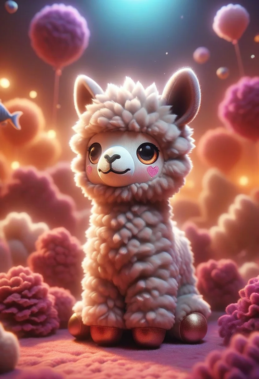 (Transform your world into a poetic landscape of plush) Radiant, big-eyed fluffy Suri Alpaca at night, very fluffy, fishes swim in the background, the Alpaca is dreaming, abstract art by Anne Truitt, Synthetism, psychedelic copper colors, psychadelicchaos, psychadelic, sharp focus, highly intricate, full color, confident, intricate artistic color, handsome