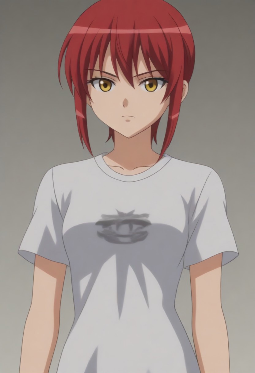 source_anime, anime screencap, source_anime, auratheguillotine, anime screencap, masterpiece, source_anime, shiny skin,,,,,,black t-shirt,1girl, solo, rza, red hair, yellow eyes,