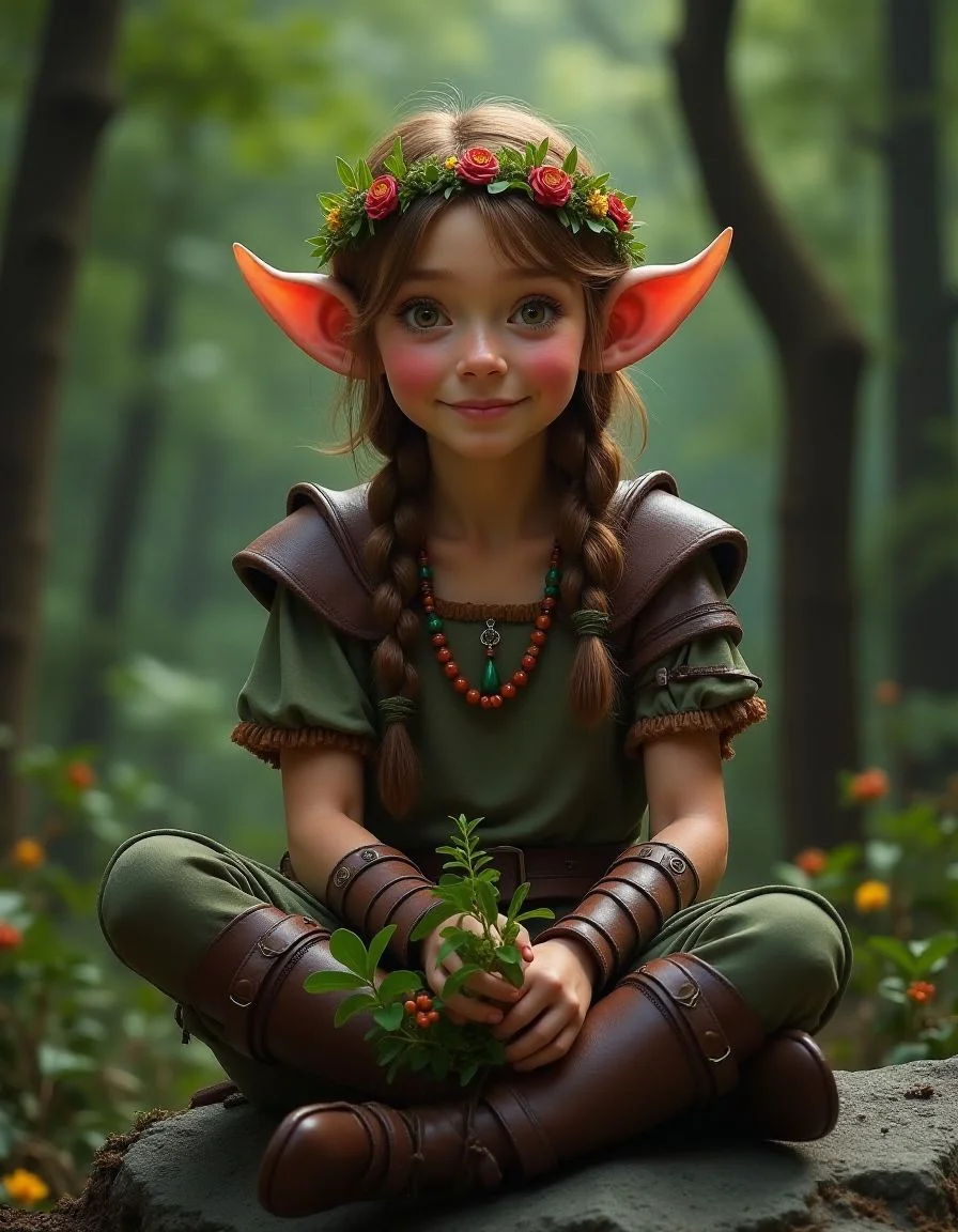 (exquisite detail), (superb photograph), A halfling woman with ruddy cheeks, earthy hair in plaits with a flower headband, bead necklace, leather armour, pleasant smile, sat on a rock in the middle of a deep forest, she has a sprig of mistletoe in her hands
