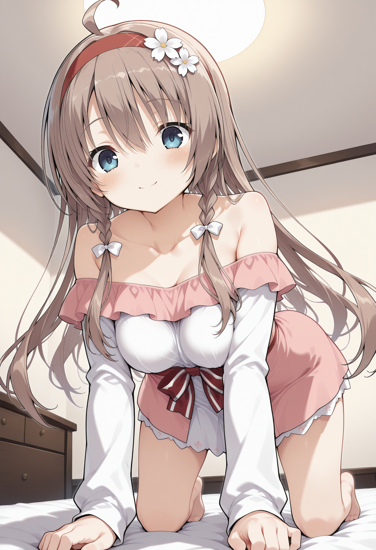 1girl, bbtsumugi, long hair, brown hair, ahoge, twin braids, white bow, red hairband, hair flower, blue eyes, breasts, collarbone, bare shoulders, white shirt, off-shoulder dress, pink dress, long sleeves, striped bow, red bow, white skirt, <lora:shiiba_tsumugi_ilxl_v1:0.9>, on bed, all fours, from below, smile, blush, indoors,
masterpiece, best quality, amazing quality,
