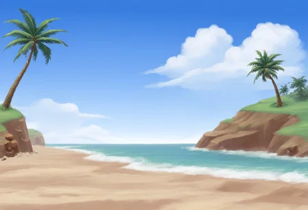 landscape, outdoors, no humans, beach, ocean, sky, clouds, palm tree, cliffs, masterpiece, best quality