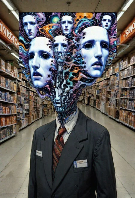 They walk and in hand through GameStop, three faces each, three phantoms of the Opera, an enigmatic op vision of impossible topology, their heads split into sections of sections floating further apart as space expands irrevocably, attached to his neck by a long filament of writhing static where his face once was
