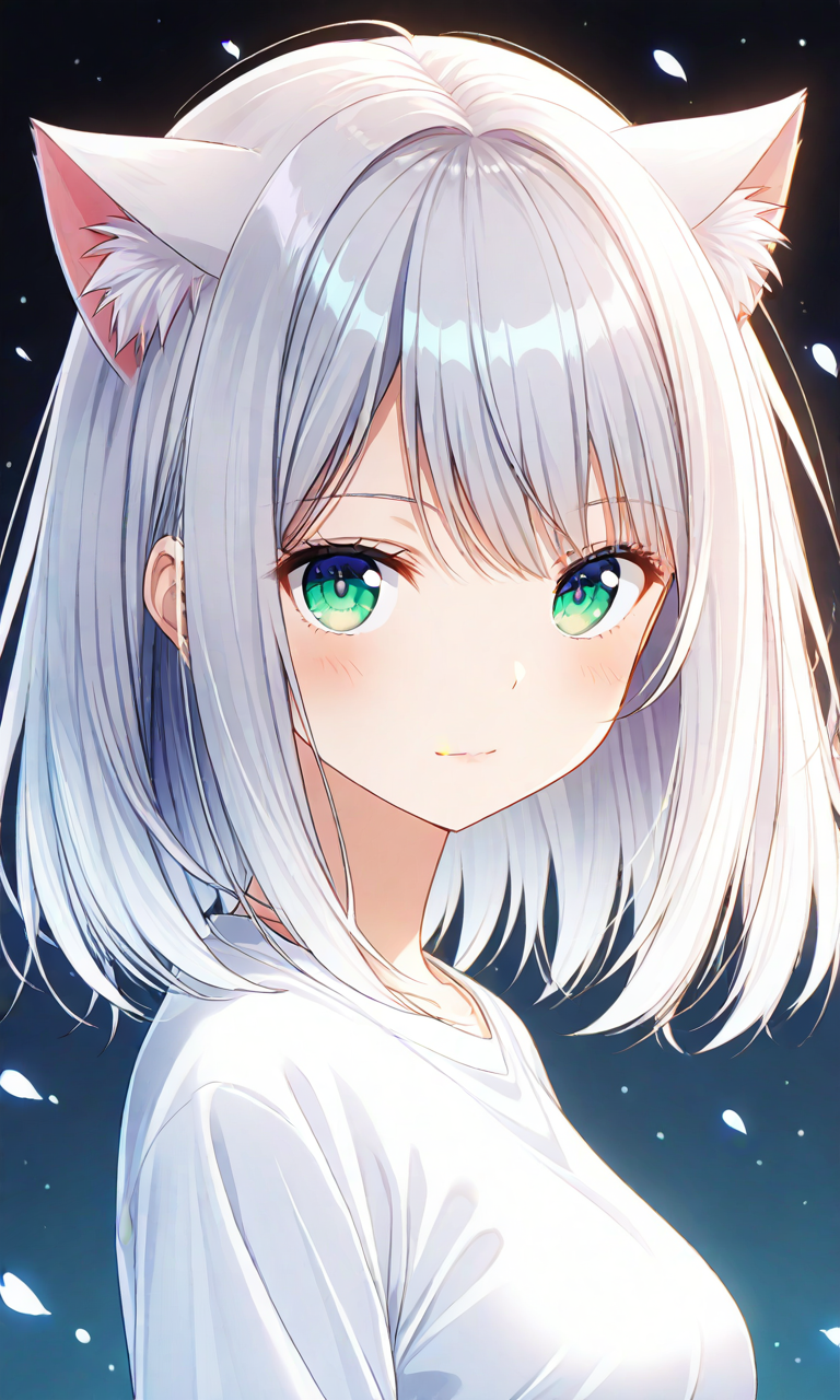 girl, cat ears, silver hair, green eyes, beautiful detailed eyes, perfect hands, upper body, dynamic pose, high quality, game style