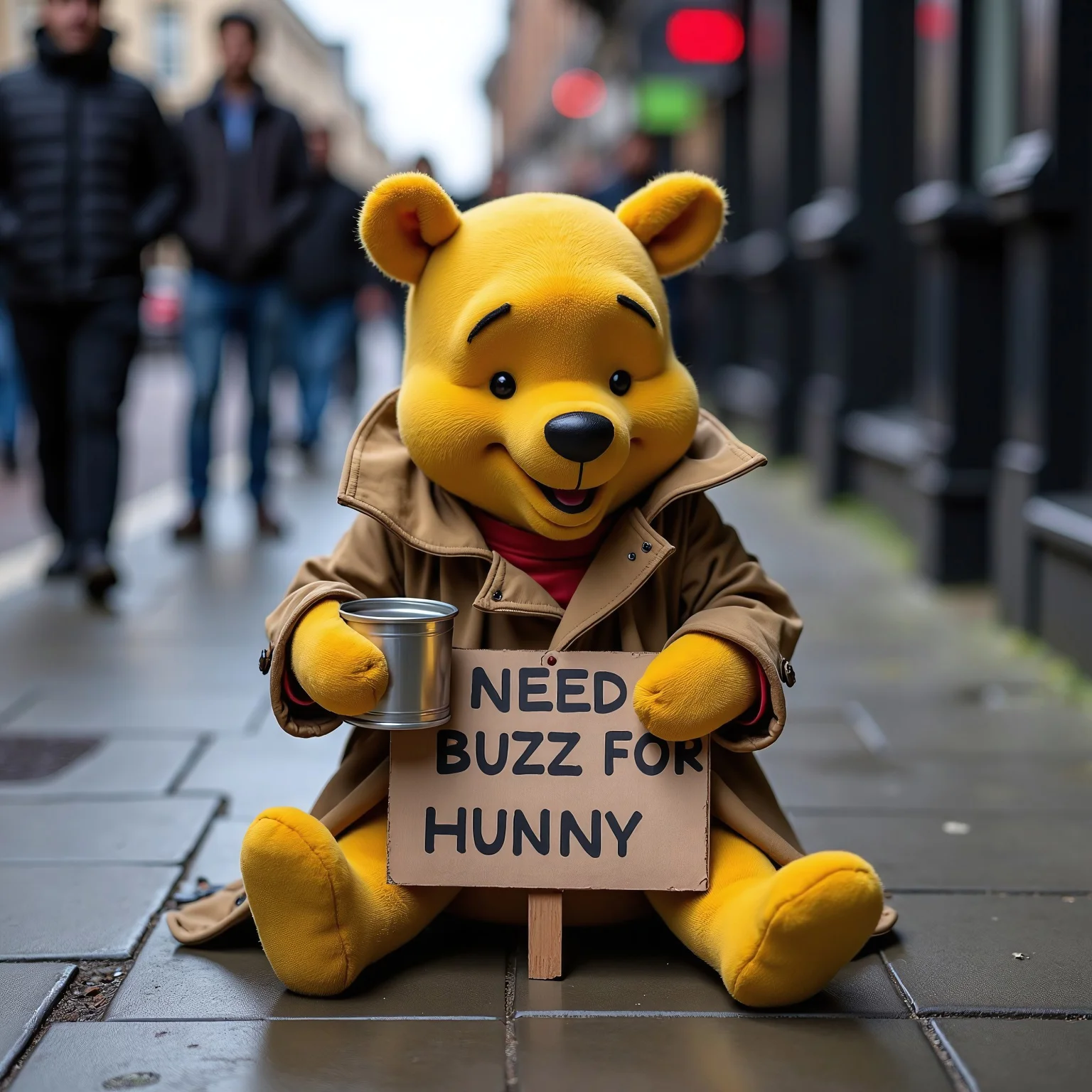 Winnie The Pooh in a trenchcoat  holding a tin cup and a cardboard sign that says 'Need Buzz for Hunny', while sitting on a dirty city sidewalk, begging, London, England