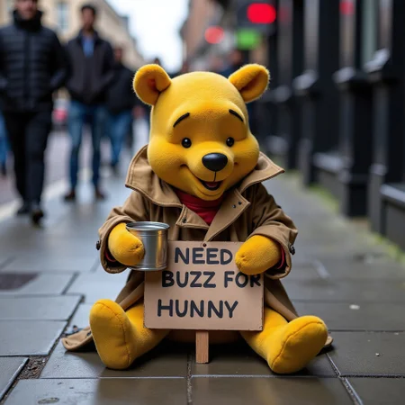 Winnie The Pooh in a trenchcoat holding a tin cup and a cardboard sign that says 'Need Buzz for Hunny', while sitting on a dirty city sidewalk, begging, London, England