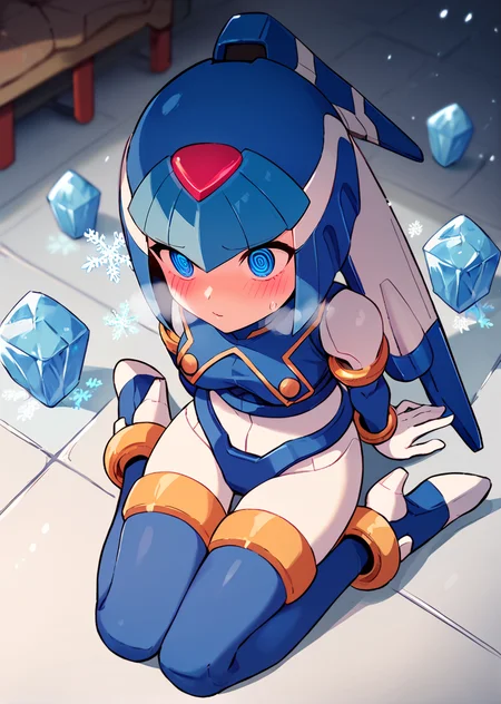 score_9, score_8_up, score_7_up, source_anime, leviathanbase, robot joints, petite, blue hair, low twintails, blue vest, blue eyes, white skin, white bodysuit, gold armlet, white gloves, detached sleeves, blue thighhighs, gold thighlet, crotch plate, sitting, blush, shy,  ice, snowflakes, cowboy shot, standing, metal walls, circuits, anklet, heavy breathing, spiral eyes, looking up, medium breasts
high heels, ankle, kneeling
<lora:leviathan-step00001400:1>