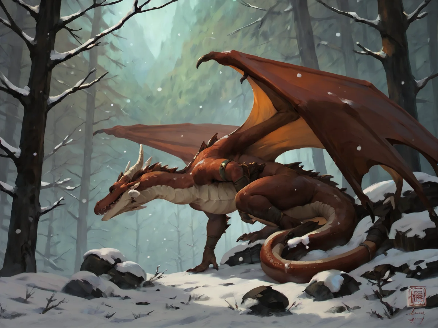 red dragon, wings, horns, tail, forest, snow, nest, solo, <lora:Kan_Liu666KXL:0.8>, BREAK score_9, score_8_up, score_7_up, score_6_up, score_5_up, score_4_up