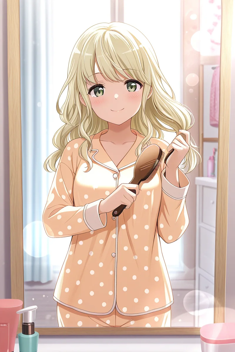masterpiece, best quality, amazing quality,
<lora:Shiori_IL:1> shiori, 1girl, blonde hair, solo, long hair, pajamas, brushing hair, mirror, hair brush, smile, blush, looking at viewer, lens flare, indoors, curtains, polka dot