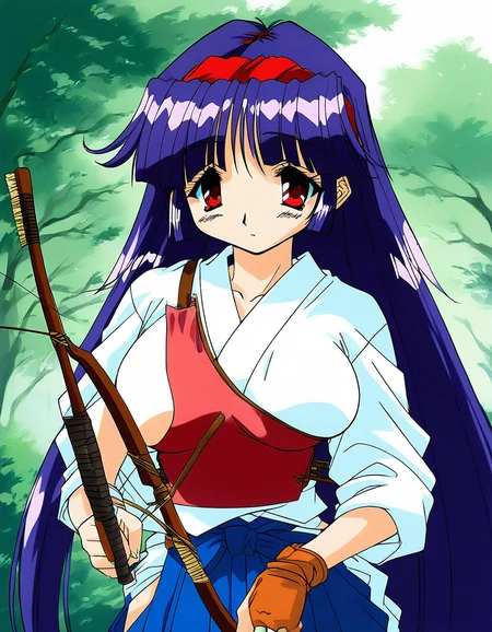 score_9, score_8_up, score_7_up, source_anime, rating_explicit, BREAK <lora:Shiraishi_Yumiko_Ver2.0_XL:1> ShiraishiYumiko, long hair, red eyes, red hairband, purple hair, large breasts, blunt bangs,
1girl, bow (weapon), solo, weapon, gloves, kyuudou, archery, japanese clothes, muneate, yugake, partially fingerless gloves, blue hakama,
skirt, blue hair, hakama skirt, holding bow (weapon), arrow (projectile), single glove, holding weapon