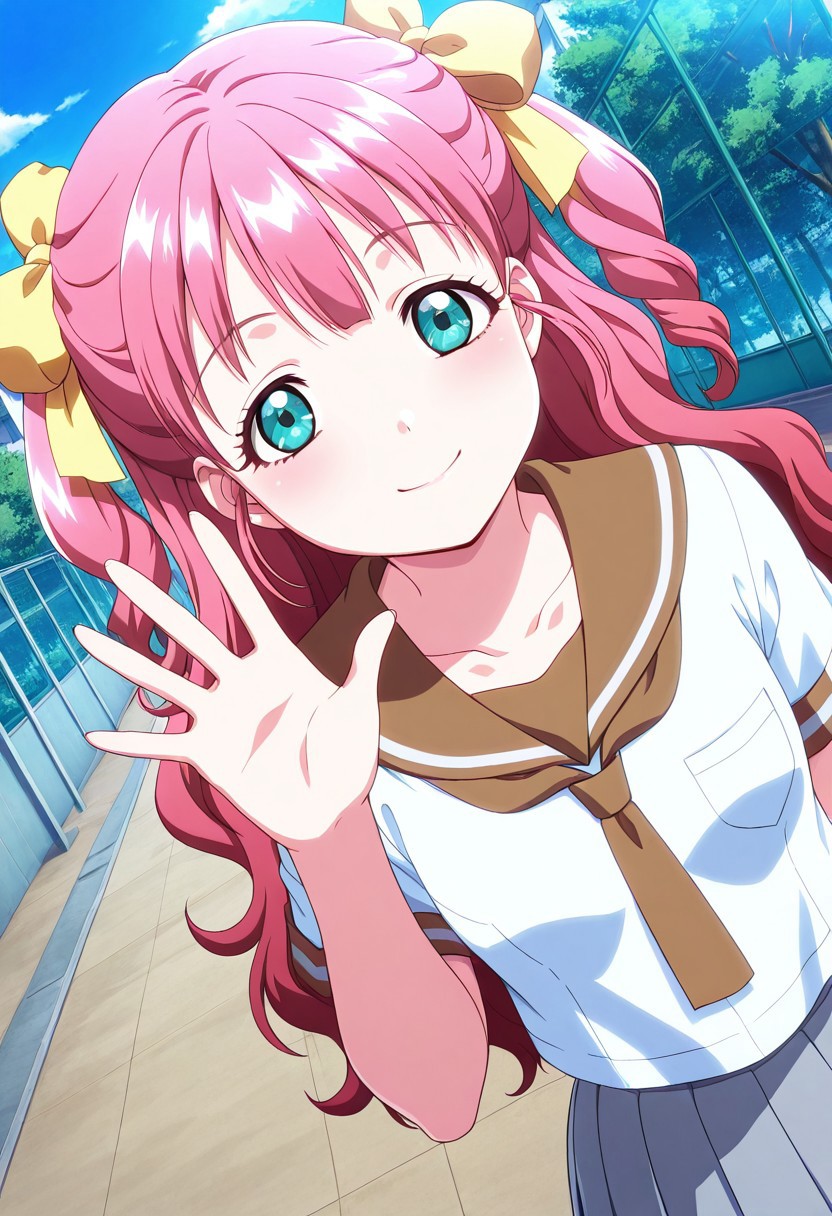general,highres, ultra-detailed,very aesthetic,best quality ,best hands,best eyes,easynegative,
dynamic anglre, dutch angle, anime cloring,
1girl solo,looking at viewer,school, outdoors, smile, waving hand, 
Hinako oosawa,pink hair,aqua eyes,yellow hair ribbon,wavy hair,small breasts,school uniform