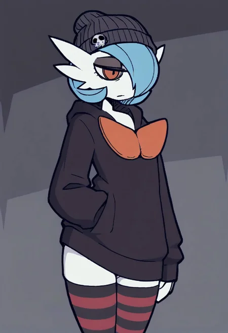 Masterpiece, best quality, aesthetic, high resolution, 1girl, anthro, solo, female, femboy, girly, Mega Gardevoir, emo, dark eyeshadow, orange eyes, blue hair, dark eye circles, black hoodie, bottomless, beanie, thighhighs, Vanripper