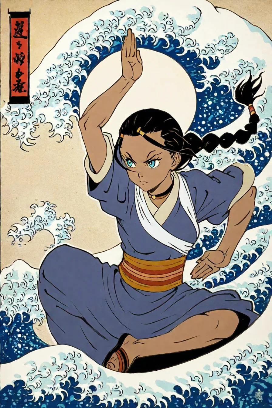 score_9, score_8_up, score_7_up, score_6_up, score_5_up, score_4_up, <lora:katara-book2-ponyxl-lora-nochekaiser:0.8> ,katara, long hair, blue eyes, brown hair, black hair, hair ornament, hairclip, braid, single braid, braided ponytail, dark skin, dark-skinned female, choker, short sleeves, robe, blue robe, sash, 1girl, solo, alone, <lora:traditional_japanese_art_illustriousXL-000031:1>, traditional japanese art, fighting stance, masterpiece, highres , great wave, great wave of kanagawa, facing the wave, from side
