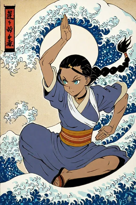 score_9, score_8_up, score_7_up, score_6_up, score_5_up, score_4_up,  <lora:katara-book2-ponyxl-lora-nochekaiser:0.8> ,katara, long hair, blue eyes, brown hair, black hair, hair ornament, hairclip, braid, single braid, braided ponytail, dark skin, dark-skinned female, choker, short sleeves, robe, blue robe, sash, 1girl, solo, alone,  <lora:traditional_japanese_art_illustriousXL-000031:1>, traditional japanese art, fighting stance, masterpiece, highres , great wave, great wave of kanagawa, facing the wave, from side