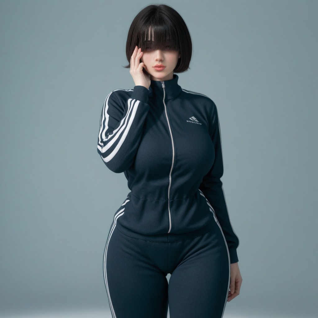 score_9, score_8_up, score_7_up, solo, 1girl, mature female, short black hair, hair over eyes, thick thighs, wide hips, large breasts, narrow waist, tracksuit, sweatpants, looking at viewer, hand on own face, masterpiece, detailed, Expressiveh