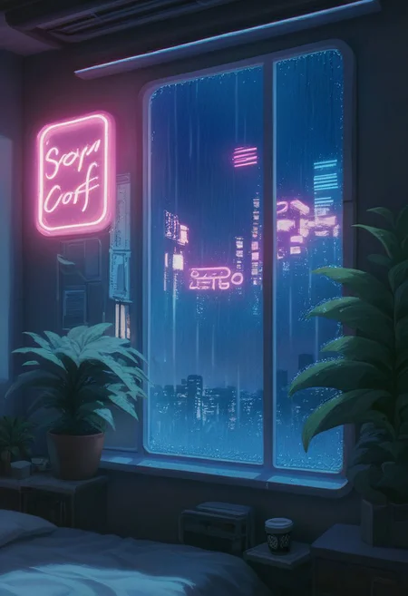 score_9,score_8_up,score_7_up,score_6_up,
steaming coffee cup on windowsill, plants on the windowsill, wall of plants, monstera plant, large plant, tidy bedrrom, small room, cramped bedroom, teddies on the bed, cyberpunk city view out of the window, neon light, purple neon lights, rain, rain outside, rain on the window