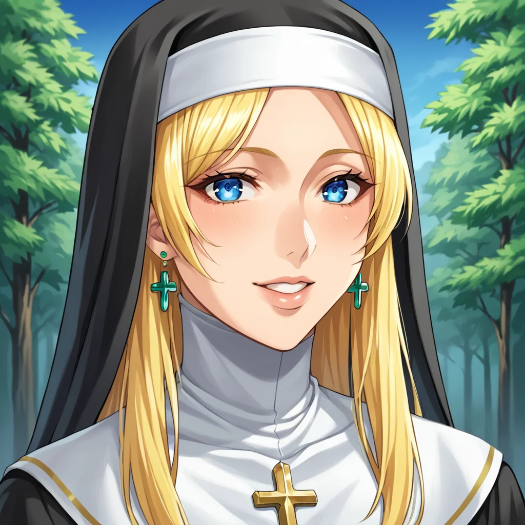 score_9,score_8_up,score_7_up, masterpiece, 8k, highres, wallpaper, source_anime, medium shot, blue sky, forest, <lora:Rosaria:1>, 1 girl, solo, nun, blonde hair, long hair, <lora:DetailedEyes_V3:1> , <lora:PerfectEyesXL:1>, blue eyes, detailed eyes, detailed pupils, fine-tuned face, perfect face, perfect lips, smiling, green earrings,
nun, habit, large breasts,
<lora:add-detail-xl:1>