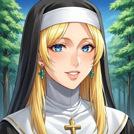 score_9,score_8_up,score_7_up, masterpiece, 8k, highres, wallpaper, source_anime, medium shot,  blue sky, forest, <lora:Rosaria:1>, 1 girl, solo, nun, blonde hair, long hair, <lora:DetailedEyes_V3:1> , <lora:PerfectEyesXL:1>, blue eyes, detailed eyes, detailed pupils,  fine-tuned face, perfect face, perfect lips, smiling, green earrings,
 nun, habit,  large breasts,
<lora:add-detail-xl:1>