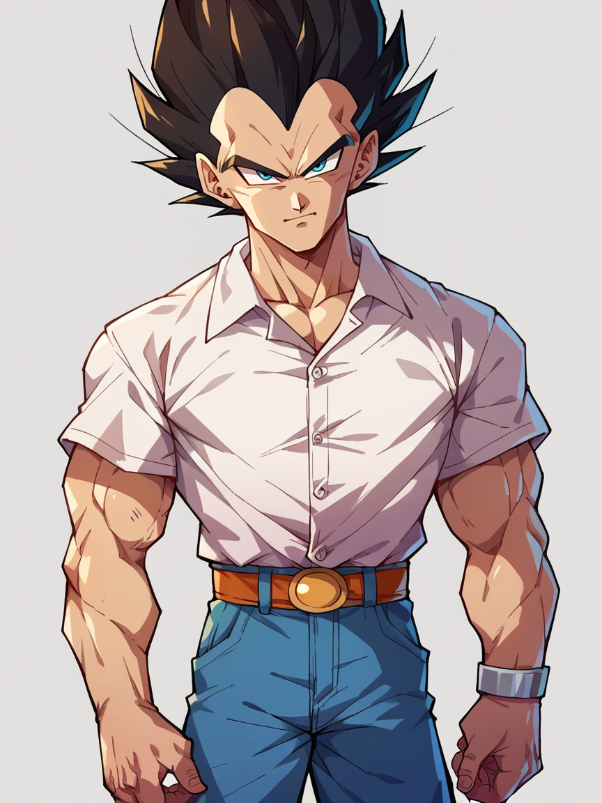 score_9, score_8_up, score_7_up, score_6_up, score_5_up,   <lora:DragonBallZXLP:0.8> dragon ball z, solo, 1boy, vegeta, jeans, collared shirt,