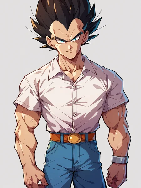 score_9, score_8_up, score_7_up, score_6_up, score_5_up, <lora:DragonBallZXLP:0.8> dragon ball z, solo, 1boy, vegeta, jeans, collared shirt,
