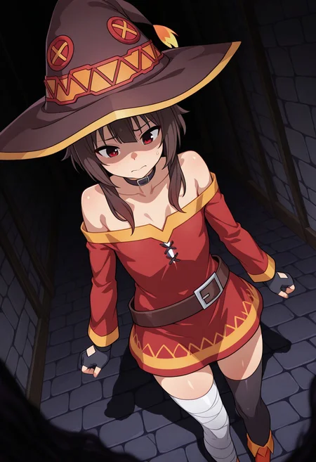 Masterpiece, best quality, ultra-detailed, dynamic angle, dynamic composition, vibrant colors, high contrast, thick lines, strong shadows, saturated colors,1girl,solo,
megumin, red eyes, brown hair, short hair with long locks,
witch hat, red dress, short dress, off-shoulder dress, collarbone, choker, black thighhighs, belt, bandaged leg, single thighhigh, cape, fingerless gloves, mismatched legwear, asymmetrical legwear,
inside a dungeon, (((dark corridors))), darkness, stony, fearful, nervous, standing, still,