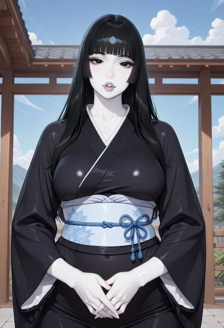 Mature woman, MILF, 1girl, sky, black hair, long hair, hime cut, masterpiece, black eyes, colored skin, (white skin:1.3), glossy skin, Yuki-Onna, luscious lips, pale lips, glossy lips, parted lips, looking at viewer, black kimono, wide sleeves, obi, japanese clothes, medium breasts, wide hips, outdoors, hands held together on stomach, cloud, volumetric lighting, blue sky, portrait, upper body,