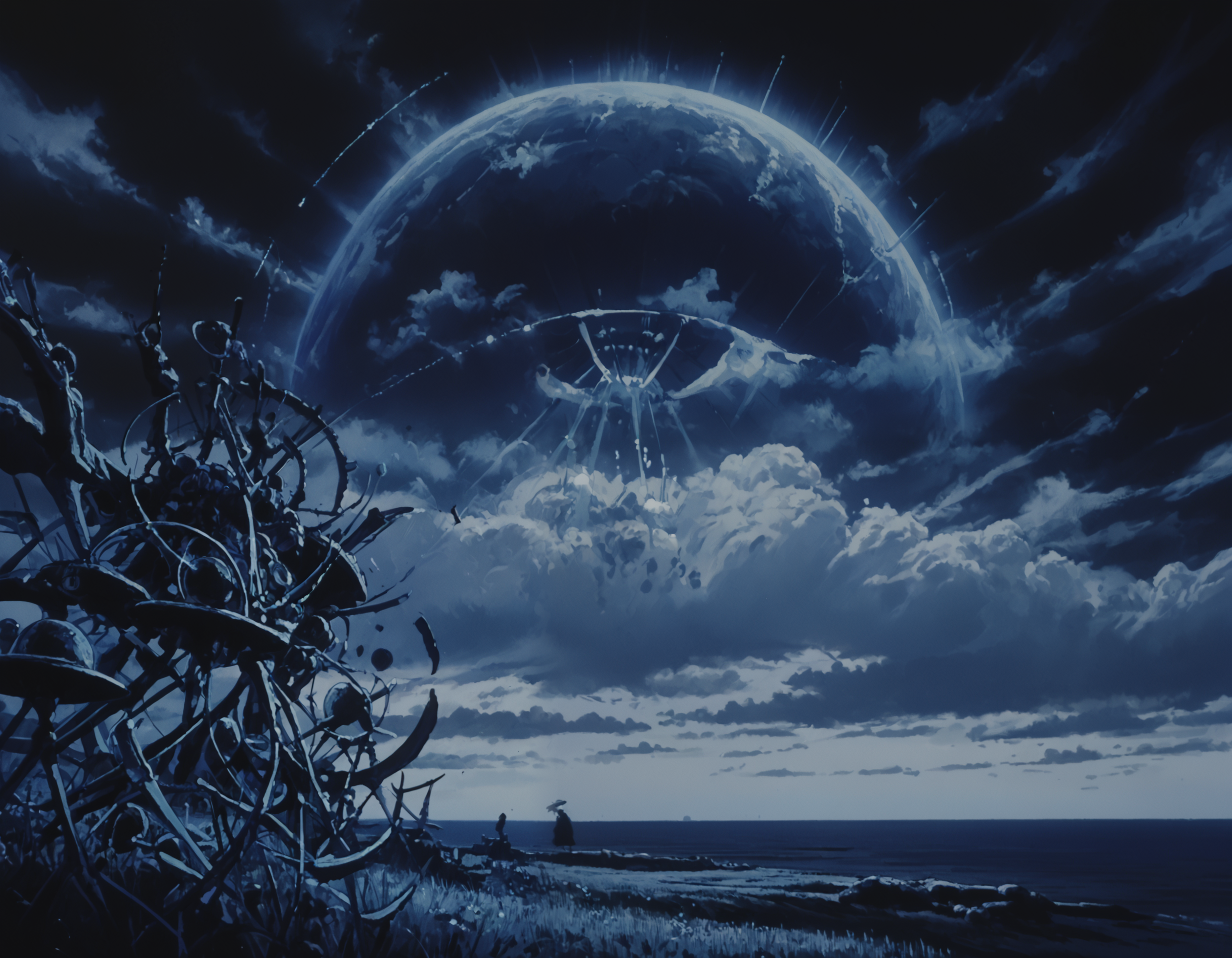 (Masterpiece:1.3), (best quality:1.2), score_9_up, score_8_up, score_7_up, 4angel_e99, no humans, monochrome,blue theme,cloud, sky, cloudy sky, outdoors,sphere monster, glowing,glowing in the dark ,black sky,blue clouds, eldritch abomination, scenery, <lora:Angel_egg:0.9>, <lora:add-detail-xl:1.5>,  <lora:Abstract:0.6>