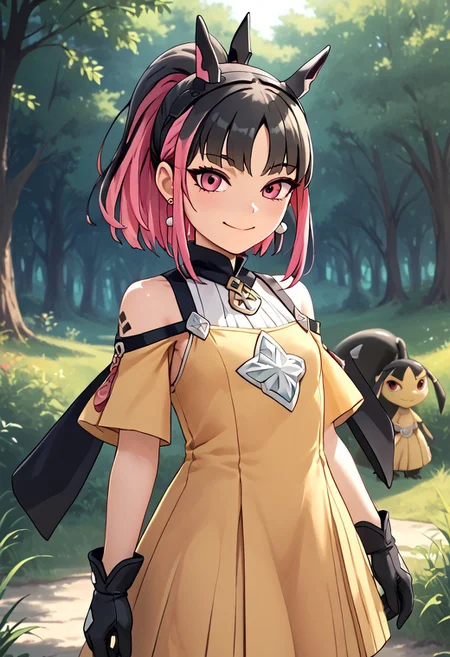 score_4,score_5,score_6,score_7_up,score_8_up,score_9 ((masterpiece,best quality,ultra detailed,highres,HD,4k:1.2)), 
1 girl,solo,face focus,
mawile, human girl,,young,petite,
ponytail,black hair,blant bangs,Tactile hair,earrings,small breast,s,multicolored hair,Inner color pink hair,earrings,small breast,tattoo,black head gear,earrings,small breast,
black gloves,skirt,shirt,Exposed shoulders, exposed upper arms, jewelry,
outdoors,in the forest,day,
standing,
smile,.blush,light smile,