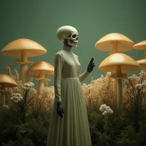 A tall, ethereal woman stands in a fungal field of **colossal, translucent mushrooms that drip with a slow, golden resin**. Her **face is a skull, but not quite**—its surface shifts slightly, organic yet artificial, as if made of sculpted moonlight. The mushrooms around her **sigh softly**, exhaling clouds of bioluminescent spores that hover like floating spirits. The sky is a deep green, thick with something **more than air**. The ground beneath her feet is **too soft**, pulsating faintly, as if something deep underground is waiting. The woman lifts one delicate, lace-covered hand, and the mushrooms **lean slightly toward her**, listening. **Inspired by:** fungal royalty, ethereal skull-faced gods, eerie botanical dreamscapes, ancient fungal intelligence.