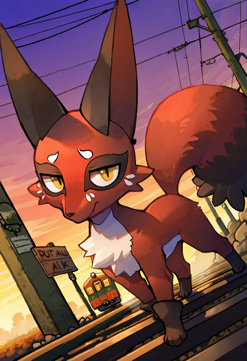 masterpiece, best quality, looking at viewer, zzNickit, train tracks at twilight, rusted rails stretching into fog, leaning against post, one paw resting casually, relaxed stance, air thick with evening chill, faint hum of distant train â Leaning against a weathered signpost beside the tracks, zzNickit waits with practiced patience. The chill of dusk clings to the steel rails, and a low hum rumbles on the horizon. Its posture is casual, but each breath is measured, ready to disappear between the shadows at the first sound of approach. ,<lora:NickitPokedex_IXL_v1:1.0>, foreshortening, dynamic angle, close up,