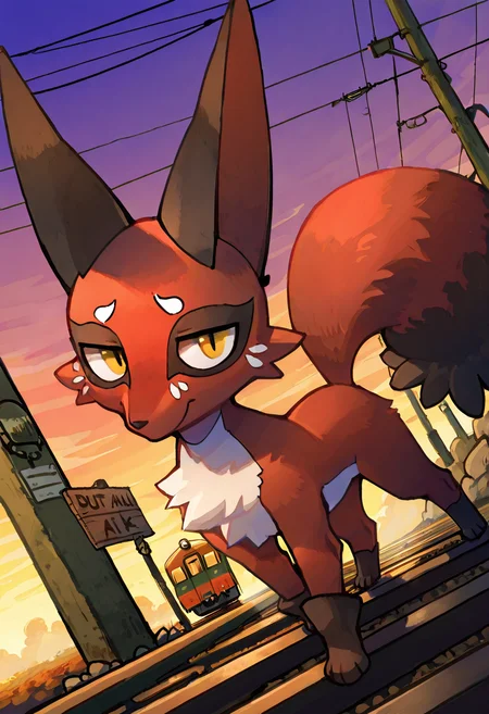 masterpiece, best quality, looking at viewer, zzNickit, train tracks at twilight, rusted rails stretching into fog, leaning against post, one paw resting casually, relaxed stance, air thick with evening chill, faint hum of distant train â Leaning against a weathered signpost beside the tracks, zzNickit waits with practiced patience. The chill of dusk clings to the steel rails, and a low hum rumbles on the horizon. Its posture is casual, but each breath is measured, ready to disappear between the shadows at the first sound of approach. ,<lora:NickitPokedex_IXL_v1:1.0>, foreshortening, dynamic angle, close up,