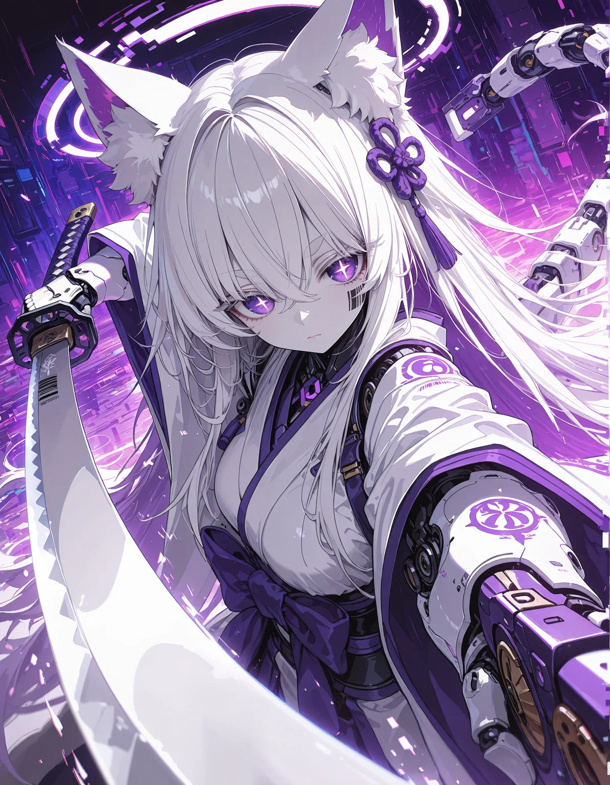 masterpiece, best quality,high quality, newest, highres,8K,HDR,absurdres,4ur4_illu,shiny, 4ur4_illu, solo, 1boy,<lora:Aura_illu:1>,dynamic pose,dynamic action, 1girl, solo, long hair, looking at viewer, hair ornament,white eyebrows, thick eyebrows,white eyelashes,eyebrows visible through hair,hime cut, halo,white kimono,holding katana, mechanical tail, hair between eyes,purple touch,purple, closed mouth,messy hair, very long hair, upper body, white hair, cat ears, animal ear fluff, purple eyes, tattoo, colored skin,+_+, crossed bangs, science fiction, white skin, straight-on, android, joints, robot joints, glitch art,glitch aura,glitch halo, mechanical parts, barcode tattoo, robot girl, White Theme,
dynamic pose, dynamic composition,dutch angle, depth of field,white_theme,detailed backgroud,foreshortening,blurry edges