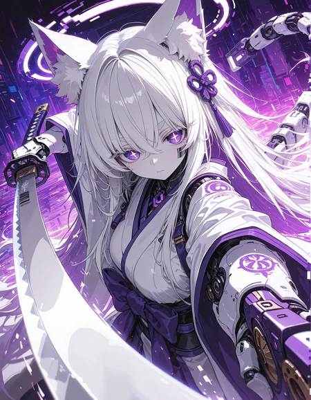 masterpiece, best quality,high quality, newest, highres,8K,HDR,absurdres,4ur4_illu,shiny, 4ur4_illu, solo, 1boy,<lora:Aura_illu:1>,dynamic pose,dynamic action, 1girl, solo, long hair, looking at viewer, hair ornament,white eyebrows, thick eyebrows,white eyelashes,eyebrows visible through hair,hime cut, halo,white kimono,holding katana, mechanical tail, hair between eyes,purple touch,purple, closed mouth,messy hair, very long hair, upper body, white hair, cat ears, animal ear fluff, purple eyes, tattoo, colored skin,+_+, crossed bangs, science fiction, white skin, straight-on, android, joints, robot joints, glitch art,glitch aura,glitch halo, mechanical parts, barcode tattoo, robot girl, White Theme,
dynamic pose, dynamic composition,dutch angle, depth of field,white_theme,detailed backgroud,foreshortening,blurry edges