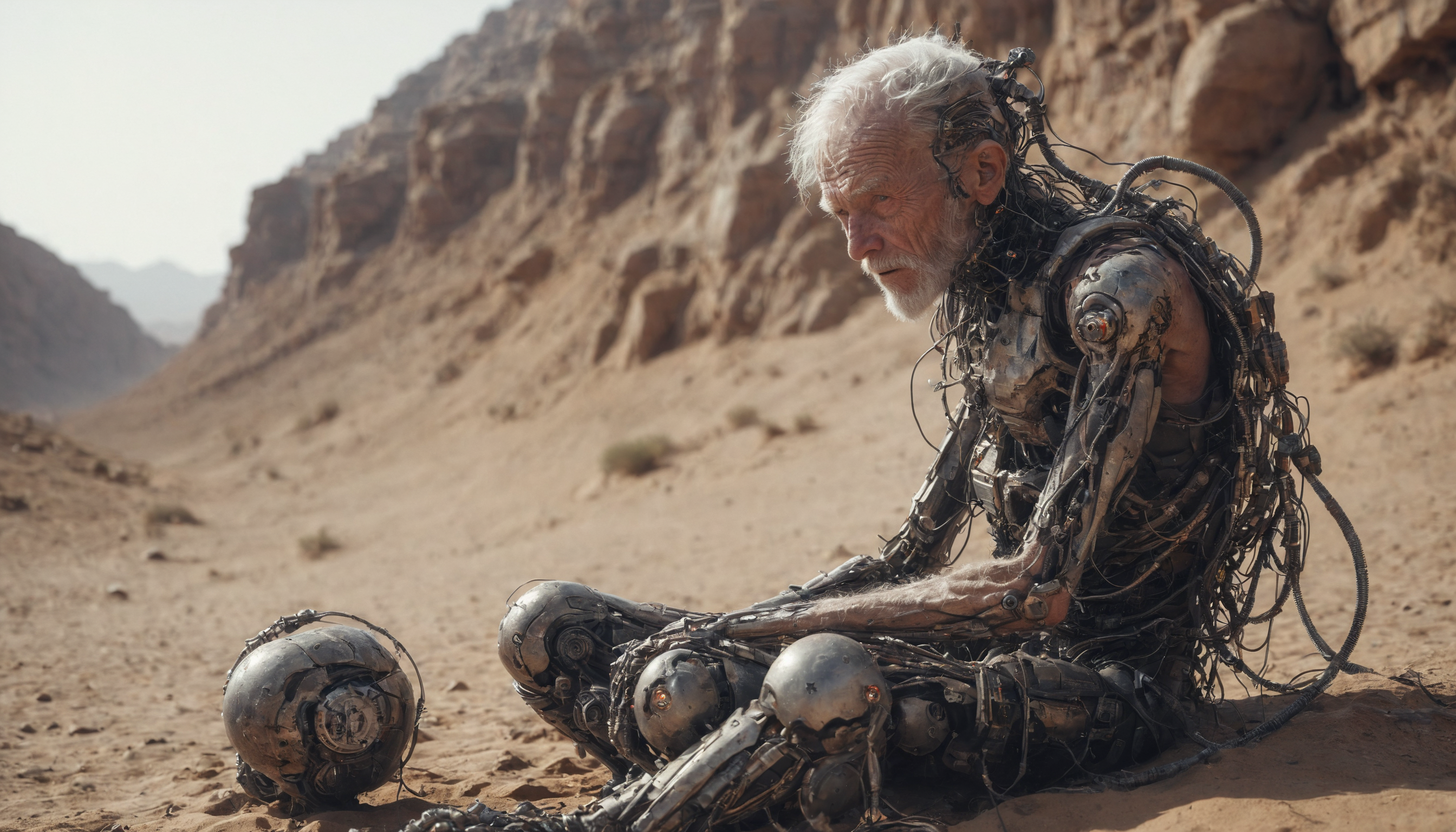 cinematic photo, medium body shot, dystopic image of a one old man cyborg sitting in the desert, <lora:Dystopia:0.6>, 35mm photograph, film, bokeh,  professional, 4k, highly detailed, hands with five fingers