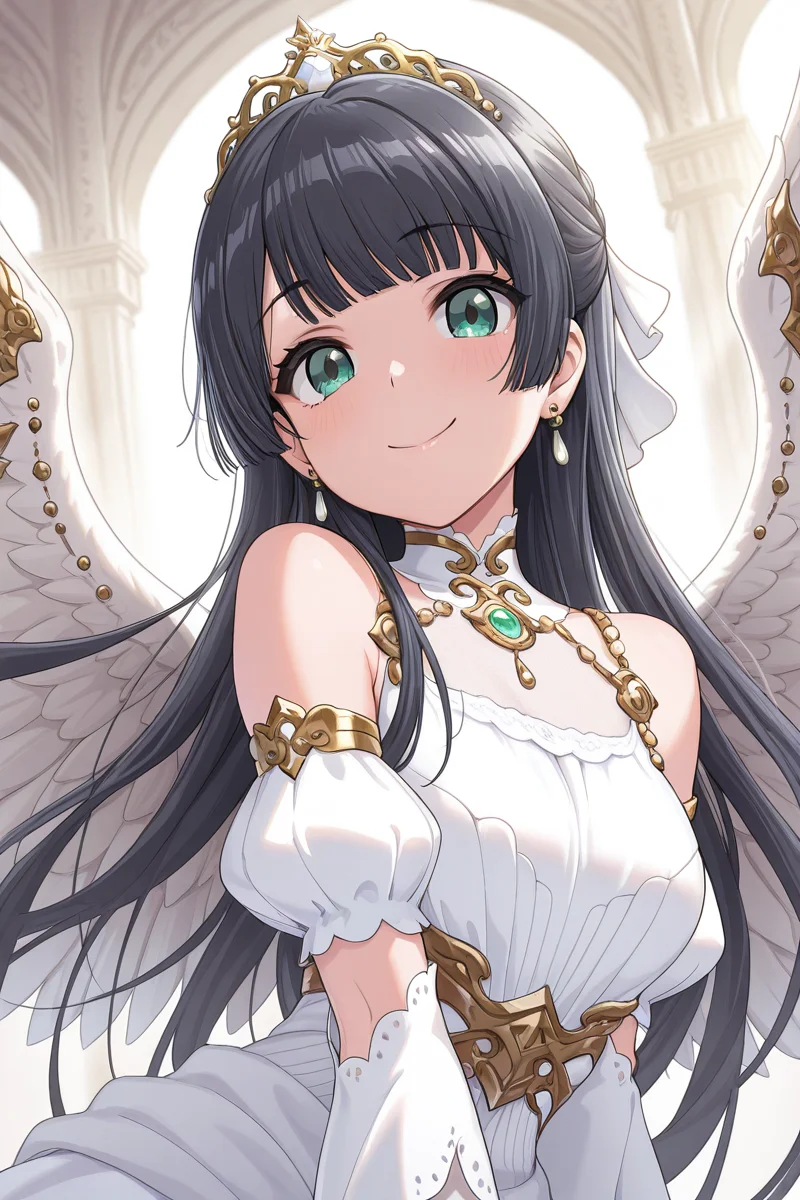masterpiece, best quality, amazing quality,
<lora:Rei_IL:1> rei, 1girl, dress, wings, solo, long hair, jewelry, black hair, white dress, smile, earrings, detached sleeves, upper body, looking at viewer, tiara, green eyes, bangs