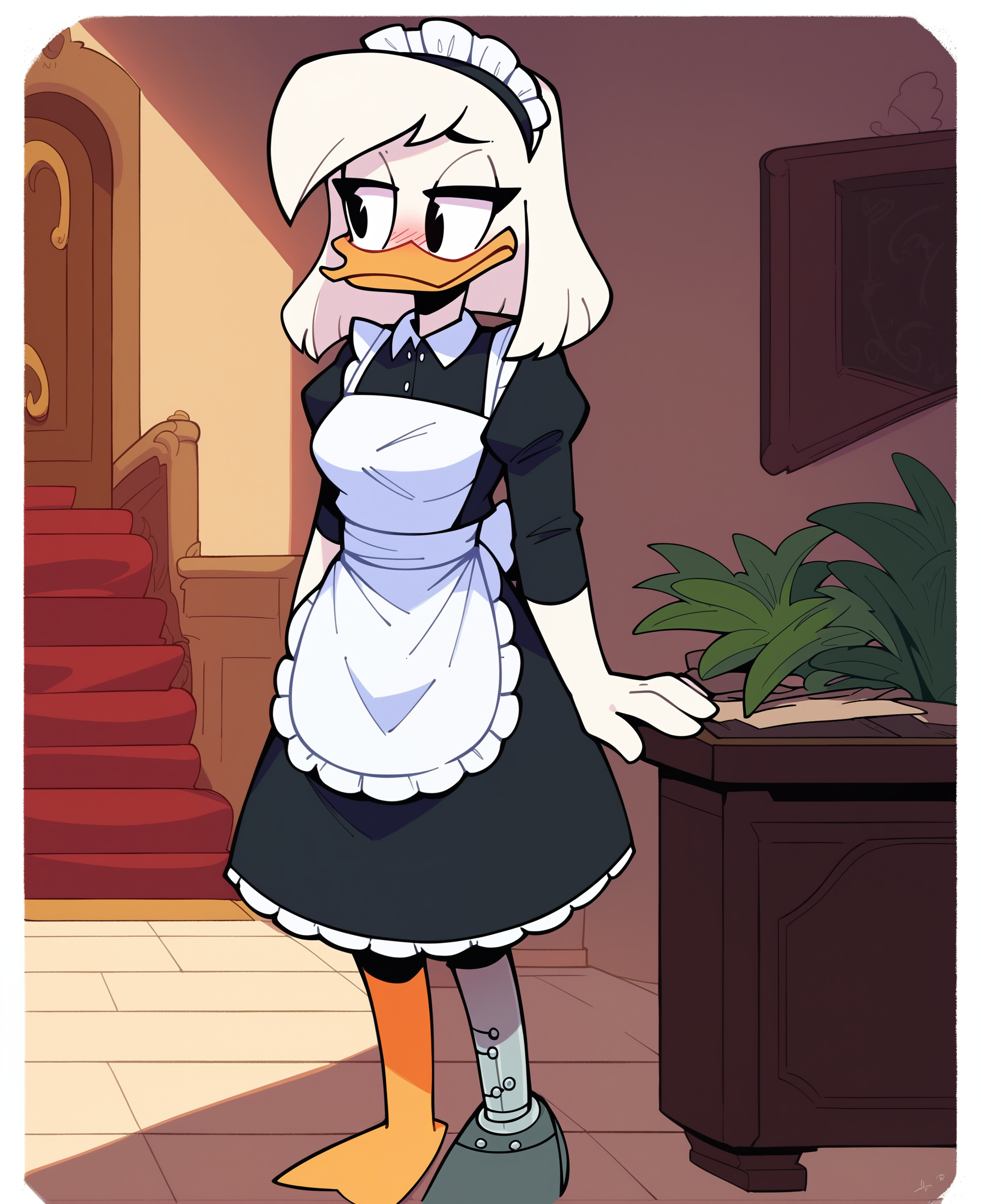 score_9, score_8_up, score_7_up, score_6_up, best quality, highres, source_furry, BREAK
 drocll BREAK
1girl, mansion, inside, standing, solo, furry, duck, della duck, beak, white skin, white body, white hair, shoulder length hair, black eyes, orange legs (brass leg, prosthetic leg), heels, mouth closed, frown, half-closed eyes, blush, looking aside, breasts, maid uniform, maid headdress, maid apron, pantyhose, leggings <lora:Della_Duck:1>