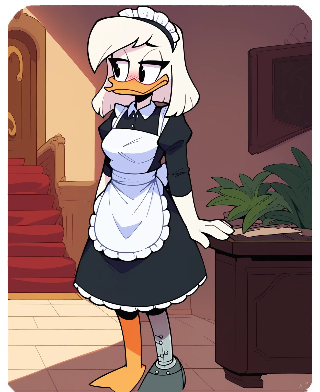score_9, score_8_up, score_7_up, score_6_up, best quality, highres, source_furry, BREAK
 drocll BREAK
1girl, mansion, inside, standing, solo, furry, duck, della duck, beak, white skin, white body, white hair, shoulder length hair, black eyes, orange legs (brass leg, prosthetic leg), heels, mouth closed, frown, half-closed eyes, blush, looking aside, breasts, maid uniform, maid headdress, maid apron, pantyhose, leggings <lora:Della_Duck:1>