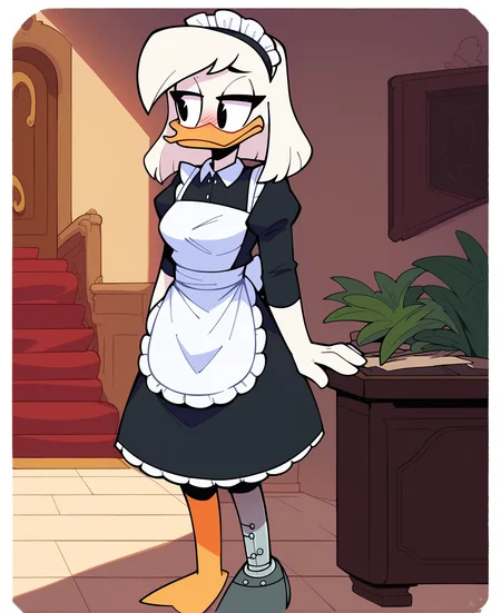score_9, score_8_up, score_7_up, score_6_up, best quality, highres, source_furry, BREAK
drocll BREAK
1girl, mansion, inside, standing, solo, furry, duck, della duck, beak, white skin, white body, white hair, shoulder length hair, black eyes, orange legs (brass leg, prosthetic leg), heels, mouth closed, frown, half-closed eyes, blush, looking aside, breasts, maid uniform, maid headdress, maid apron, pantyhose, leggings <lora:Della_Duck:1>